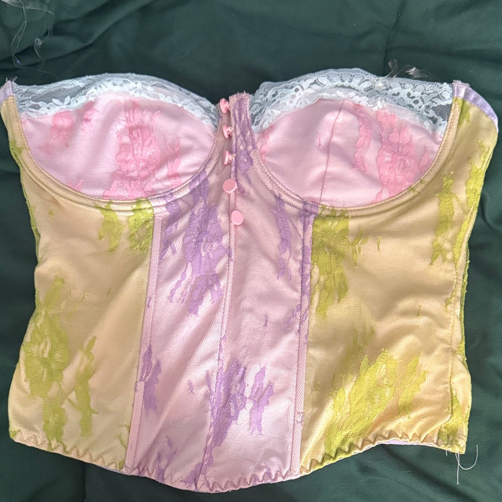 Fashion Nova Pink and Yellow Lace Bustier Top